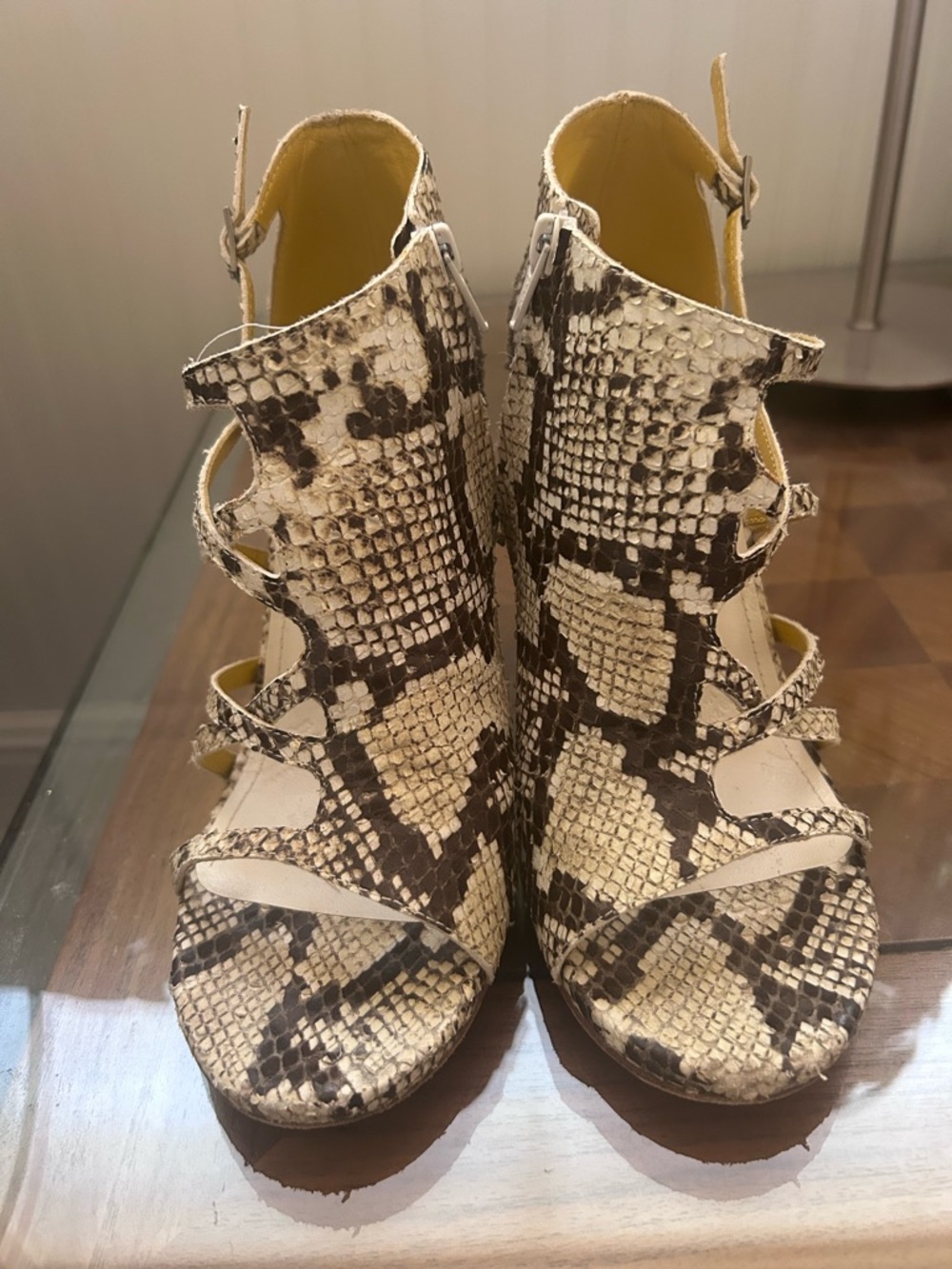 Maison Martin Margiela Snake-Print Strappy Open-Toe Heels - Cream/Brown